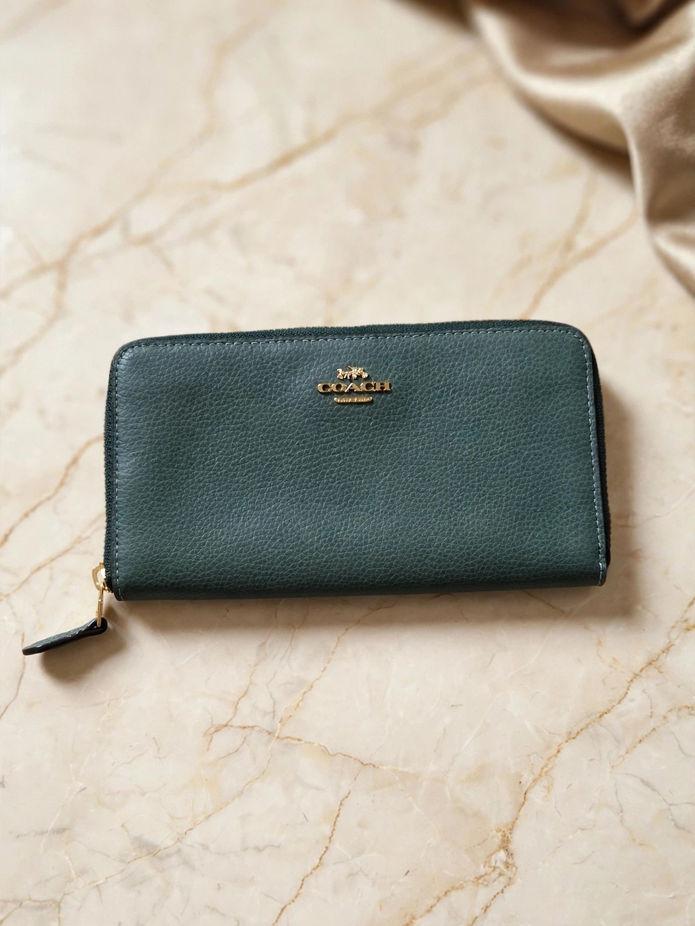 COACH Green Pebbled Leather Accordion Zip Around Wallet